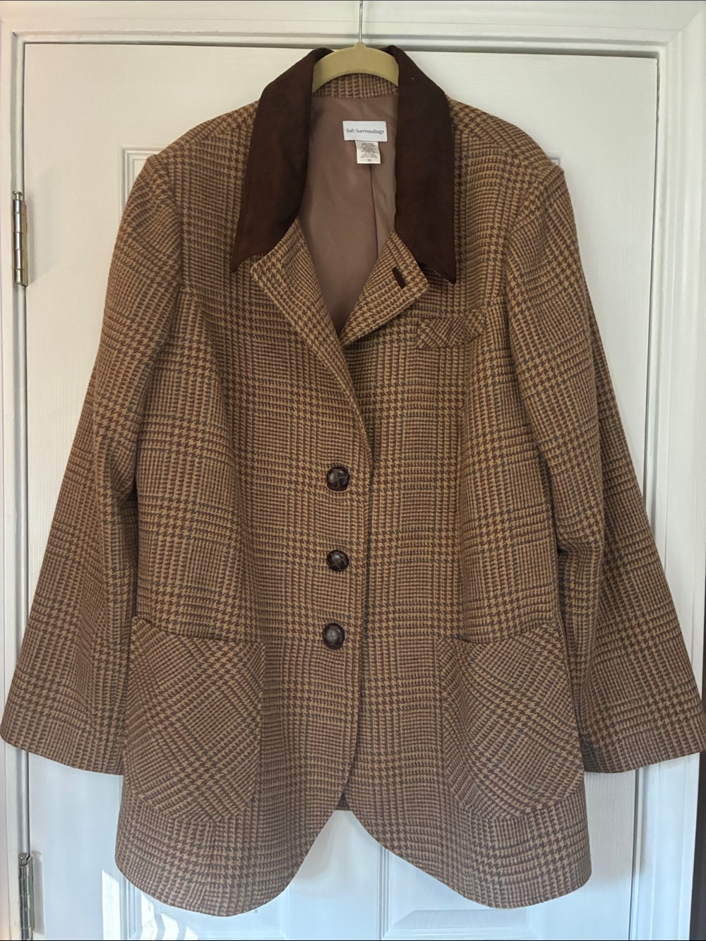 Soft Surroundings Brown Plaid Jacket with Dark Brown Faux Suede Collar 2X